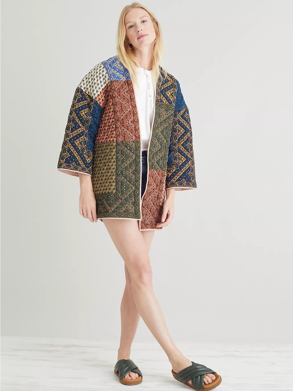 Saachi Artisanal Kantha Quilted House Coat Repurposed Patchwork Duster Jacket OS